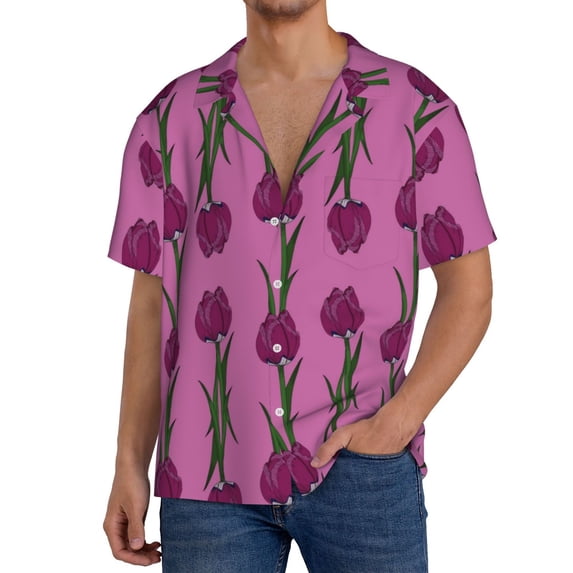 KLL Tulips Flowers Print Men's Shirt Short Sleeve Button Down Summer Cuba Beach Shirts- XX-Large