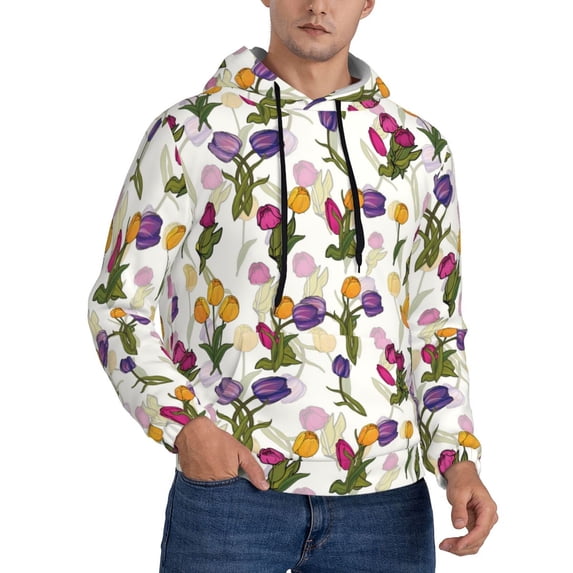 KLL Tulips Flowers Print Mens Hoodie Long Sleeve Casual Pullover Hooded Sweatshirt Fashion Drawstring Hoodies with Pocket-XX-Large