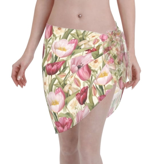 KLL Tulips Flowers Print Women's Sarong Coverups Short Bathing Suit Wrap Skirt Beach Wrap Swimsuit Cover Ups