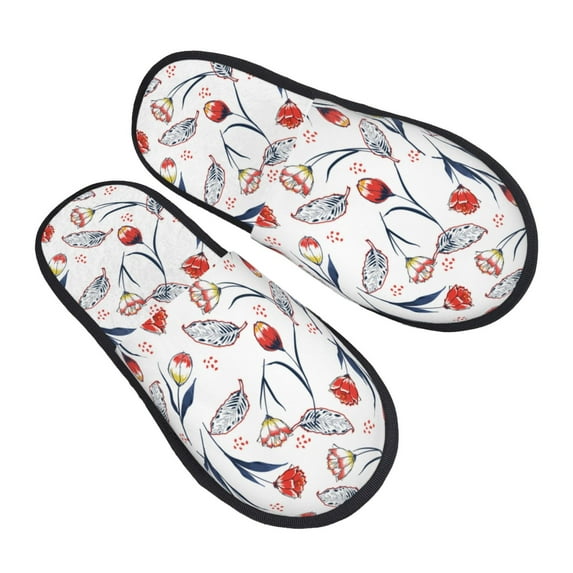KLL Tulips Flowers Slippers for Women Men House Slip on Indoor Outdoor Bedroom Furry Fleece Lined Ladies Comfy Anti-Skid Rubber Hard Sole-Large