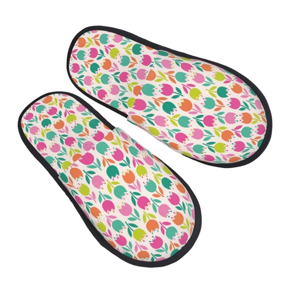 KLL Tulips Flowers Slippers for Women Men House Slip on Indoor Outdoor Bedroom Furry Fleece Lined Ladies Comfy Anti-Skid Rubber Hard Sole-Medium
