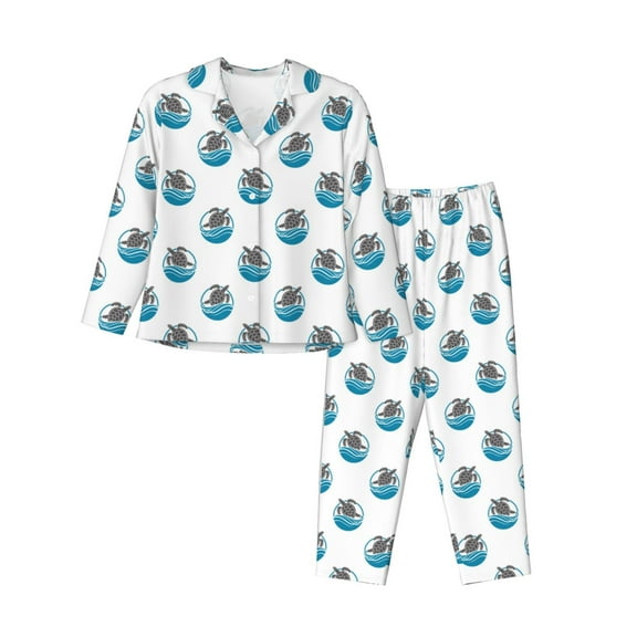 KLL Turtle Print Women's Long Sleeve Pajamas with Pants Sleepwear Loungewear 2 Set-Small