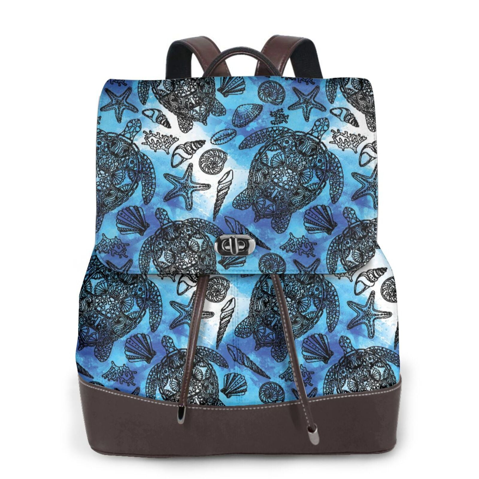 KLL Turtle，Shell Algae Starfish Coral Print Leather Backpack,PU Leather ...