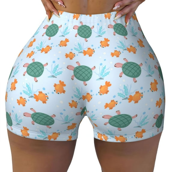 KLL Turtles And Goldfish Pattern Workout Shorts for Women Scrunch Short Gym Yoga Running Sport Active Exercise Fitness Shorts