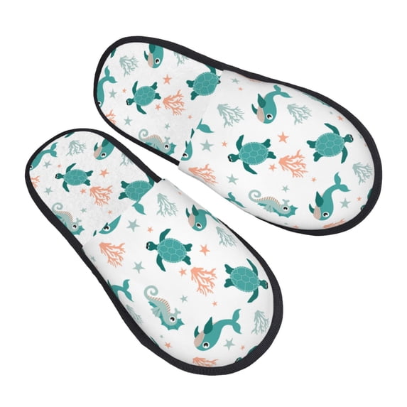 KLL Turtles And Seahorses Slippers for Women Men House Slip on Indoor Outdoor Bedroom Furry Fleece Lined Ladies Comfy Anti-Skid Rubber Hard Sole-Medium