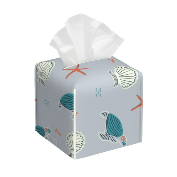 KLL Turtles And Shells Print Tissue Box Cover,Leather Tissue Holder Square Facial Tissue Case Facial Paper Organizer Dispenser for Bathroom, Vanity Countertop