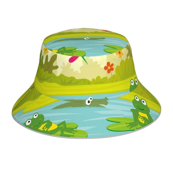 KLL Two Frogs Are Sitting On Water Lilies Bucket Hat for Women Men Packable Travel Beach Sun Hat Outdoor Rave Accessories Reflective Fisherman Cap