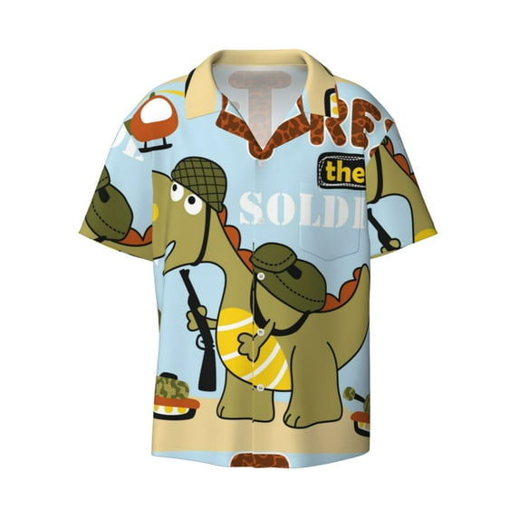 KLL Tyrannosaurus Rex the Soldier Print Men's Shirt Short Sleeve Button Down Summer Cuba Beach Shirts- 3X-Large