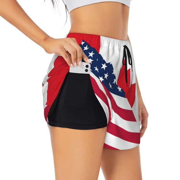 KLL USA Canada Flag Pattern Shorts Women,Athletic Shorts High Waisted Running Shorts Pocket Sporty Short Gym Elastic Workout Shorts-X-Large