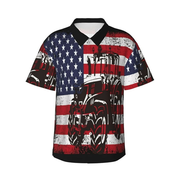 KLL USA Vintage Flag Tractor Print Men's Hawaiian Shirt Short Sleeve Button Down Beach Shirts,Small