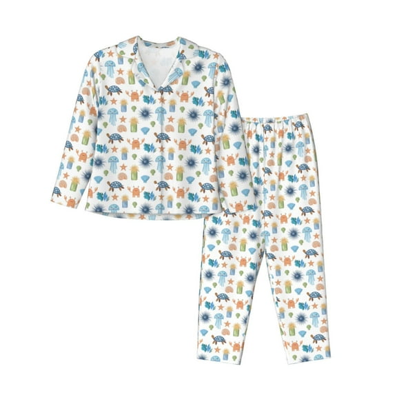 KLL Undersea Animals Print Women's Long Sleeve Pajamas with Pants Sleepwear Loungewear 2 Set-Small