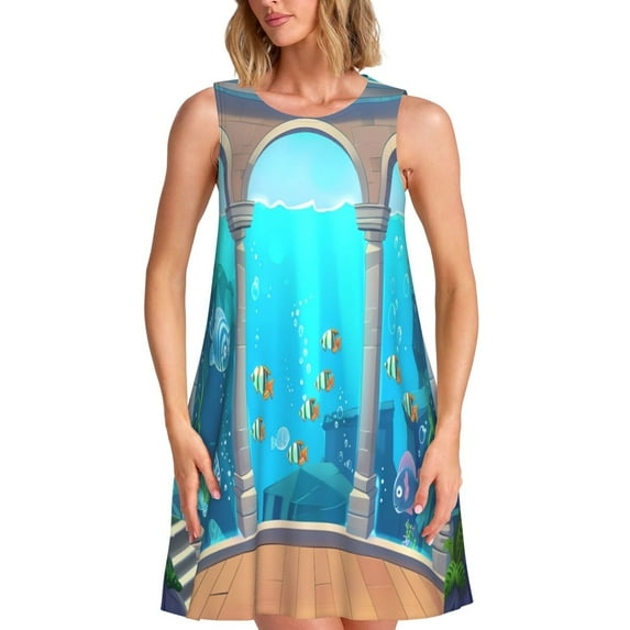 KLL Underwater Aquarium Arches Pattern Womens Summer Dresses 2025,Loose Round Neck Sleeveless Sundresses Tank Dresses with Pockets