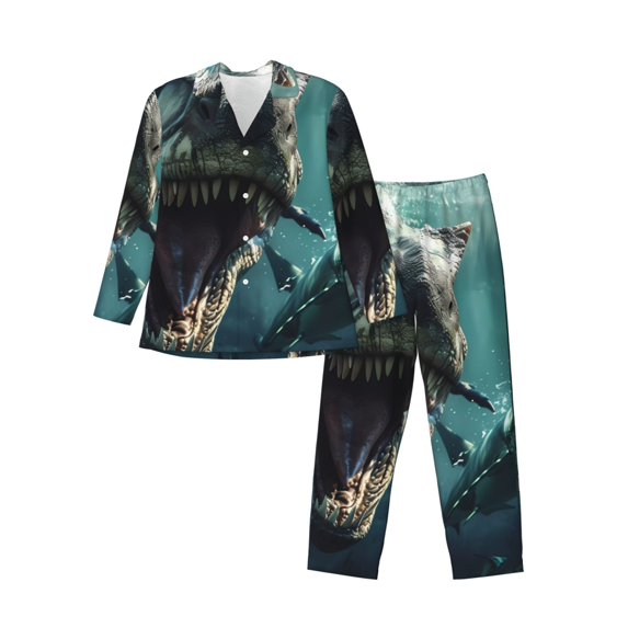 KLL Underwater Dinosaur Shark Sleepwear Mens Flannel Pajamas,Long Cotton Pj Set