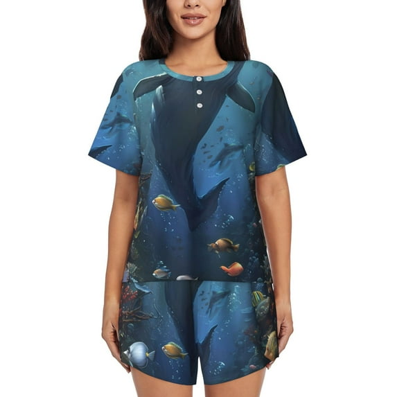 KLL Underwater Dolphin Print Pajama Set for Women Short Sleeve Sleepwear Pjs Soft 2 Piece Lounge Sleepwear Sets-Small