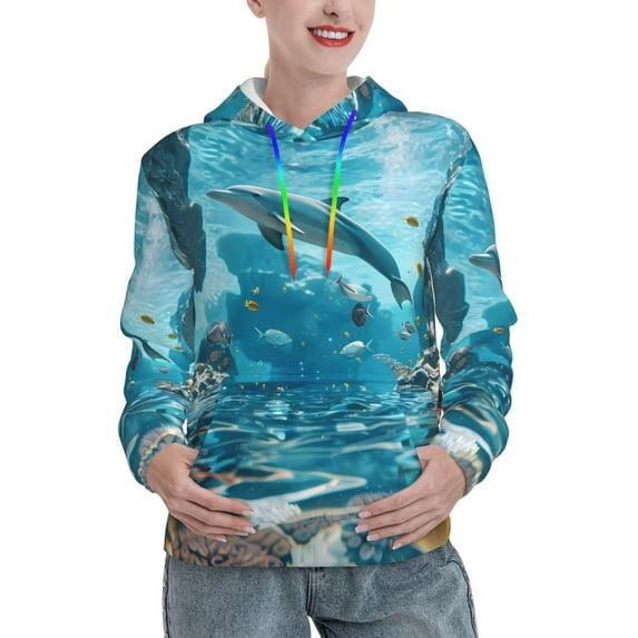 KLL Underwater Dolphin Scene for Womens Pullover Hoodie with Pocket Hooded Long Sleeve Shirts Sweatshirt for Women-Large