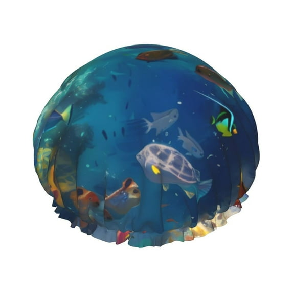 KLL Underwater Fish Turtle Pattern Shower Cap & Bath Cap for Women,Reversible Oversized Waterproof Shower Caps for all Hair Lengths,Elastic Reusable Bathing Hair Cap