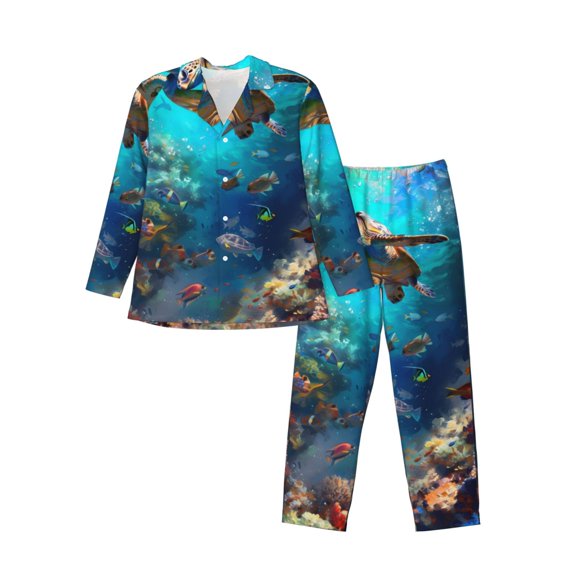 KLL Underwater Fish Turtle Sleepwear Mens Flannel Pajamas,Long Cotton Pj Set