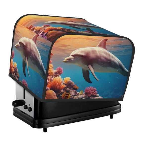 KLL Underwater Plant Dolphin Print 4 Slice Toaster Dust Covers Kitchen Small Appliance Cover with 2 Pockets,Can hold Jam Spreader Knife & Toaster Tongs (12.4 x 10.6 x 8.2)