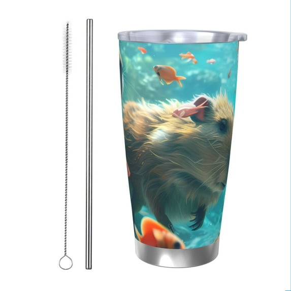 KLL Underwater Swimming Guinea Pig Print 40oz Stainless Steel Insulated Car Cup with Spillproof Lid - Keep Your Drink Hot or Cold on the Go-Straw Two-piece Set