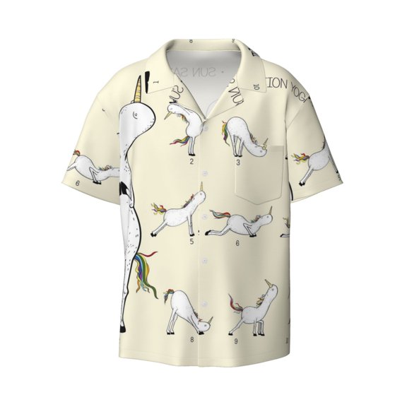 KLL Unicorn Doing Yoga Print Men's Shirt Short Sleeve Button Down Summer Cuba Beach Shirts- X-Large