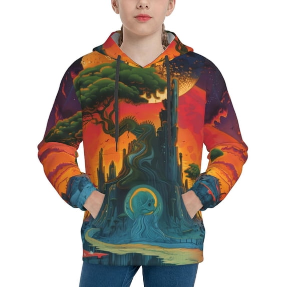 KLL Unisex Kids Boys Girls Hooded Pocket Pullover Hoodies-Abstract Tree Castle