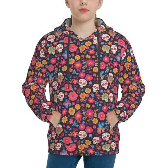 KLL Unisex Kids Boys Girls Hooded Pocket Pullover Hoodies-Apricot color Skull flower