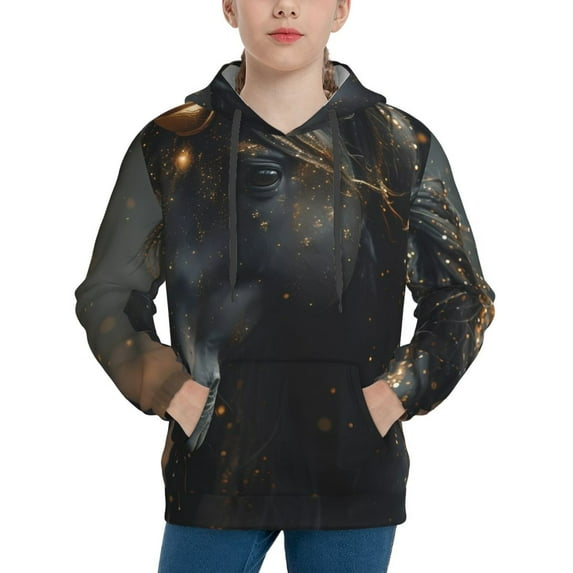 KLL Unisex Kids Boys Girls Hooded Pocket Pullover Hoodies-Black And Gold White Horse
