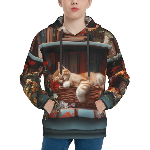 KLL Unisex Kids Boys Girls Hooded Pocket Pullover Hoodies-Cat Asleep Among Flowers