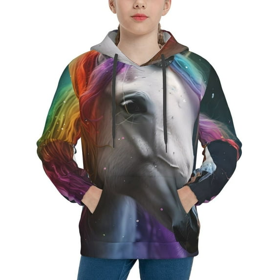 KLL Unisex Kids Boys Girls Hooded Pocket Pullover Hoodies-Colorful Haired White Horse