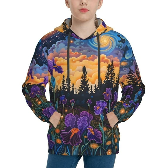 KLL Unisex Kids Boys Girls Hooded Pocket Pullover Hoodies-Cosmic Irises At Twilight