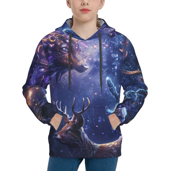 KLL Unisex Kids Boys Girls Hooded Pocket Pullover Hoodies-Enchanted Forest Stag Gathering