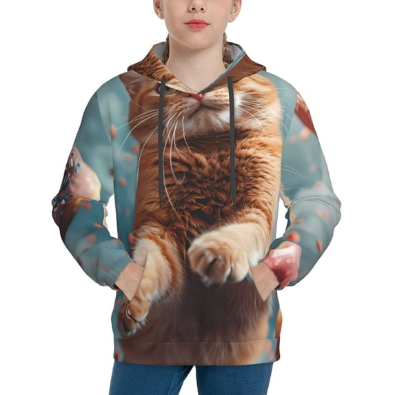 KLL Unisex Kids Boys Girls Hooded Pocket Pullover Hoodies-Floating Cat And Donuts