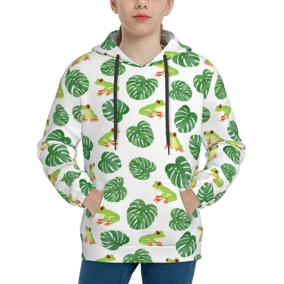 KLL Unisex Kids Boys Girls Hooded Pocket Pullover Hoodies-Frogs And Tropical Leaves