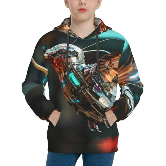 KLL Unisex Kids Boys Girls Hooded Pocket Pullover Hoodies-Futuristic Robot Hummingbird