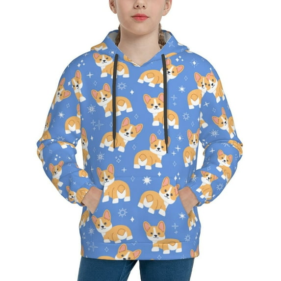 KLL Unisex Kids Boys Girls Hooded Pocket Pullover Hoodies-Kawaii Corgi