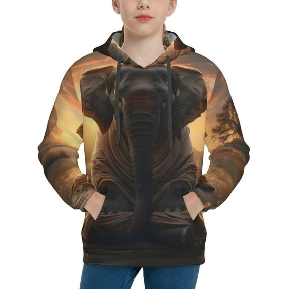 KLL Unisex Kids Boys Girls Hooded Pocket Pullover Hoodies-Lake Meditating Elephant