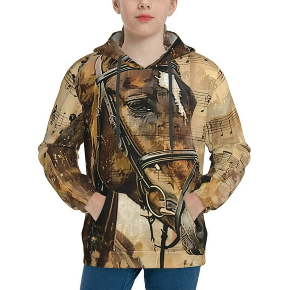 KLL Unisex Kids Boys Girls Hooded Pocket Pullover Hoodies-Musical Horse Vintage Collage