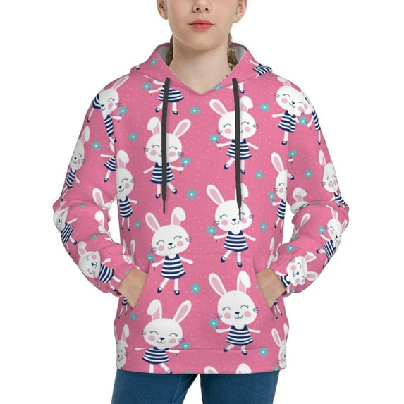 KLL Unisex Kids Boys Girls Hooded Pocket Pullover Hoodies-Rabbit Holding Flowers