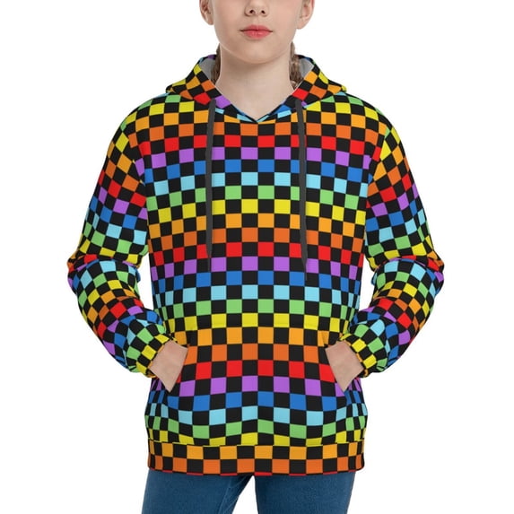 KLL Unisex Kids Boys Girls Hooded Pocket Pullover Hoodies-Rainbow Chequerboard