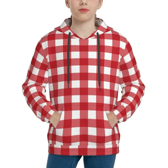 KLL Unisex Kids Boys Girls Hooded Pocket Pullover Hoodies-Red Checkboard