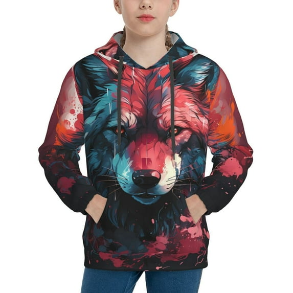 KLL Unisex Kids Boys Girls Hooded Pocket Pullover Hoodies-Red Flame Wolf Head