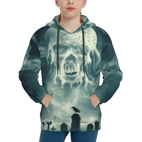 KLL Unisex Kids Boys Girls Hooded Pocket Pullover Hoodies-Scary Moon And Clouds