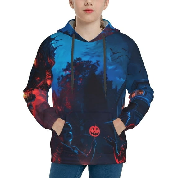 KLL Unisex Kids Boys Girls Hooded Pocket Pullover Hoodies-Spooky Halloween Night Scene