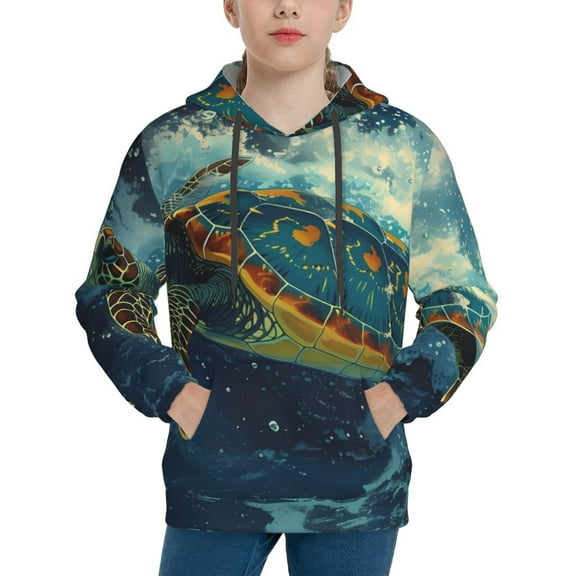KLL Unisex Kids Boys Girls Hooded Pocket Pullover Hoodies-Surfing Turtle
