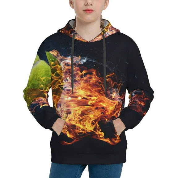 KLL Unisex Kids Boys Girls Hooded Pocket Pullover Hoodies-Tennis Ball In Fire1