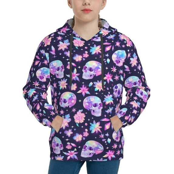 KLL Unisex Kids Boys Girls Hooded Pocket Pullover Hoodies-crystal Skull flower cool