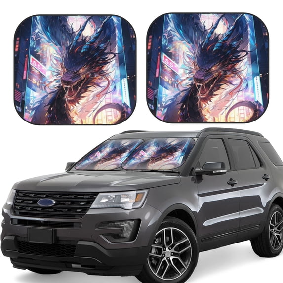 KLL Urban Style Colorful Dragon Windshield Sun Shade 2-Piece Foldable Car Front Window Sunshade for Most Sedans SUV Truck- Large