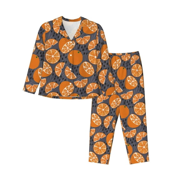 KLL Various Oranges Print Women's Long Sleeve Pajamas with Pants Sleepwear Loungewear 2 Set-Medium