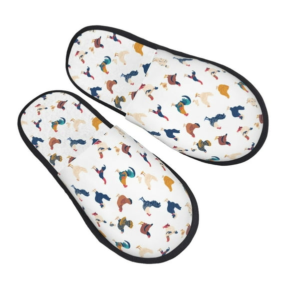 KLL Various Rooster Slippers for Women Men House Slip on Indoor Outdoor Bedroom Furry Fleece Lined Ladies Comfy Anti-Skid Rubber Hard Sole-Medium