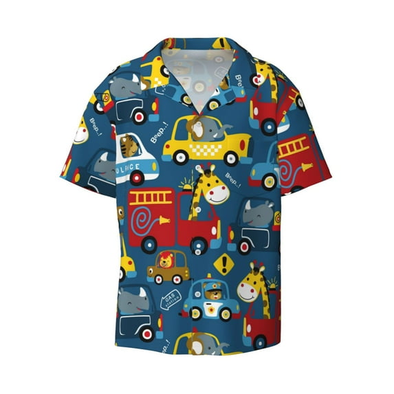 KLL Vehicles Cartoon with Funny Drivers Print Men's Shirt Short Sleeve Button Down Summer Cuba Beach Shirts- X-Large